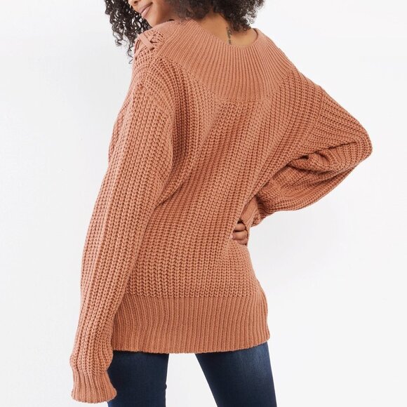 NEW Salmon Camel Laced Up Braid Cable Off Shoulder V Neck Longline Tunic Sweater - Picture 4 of 10